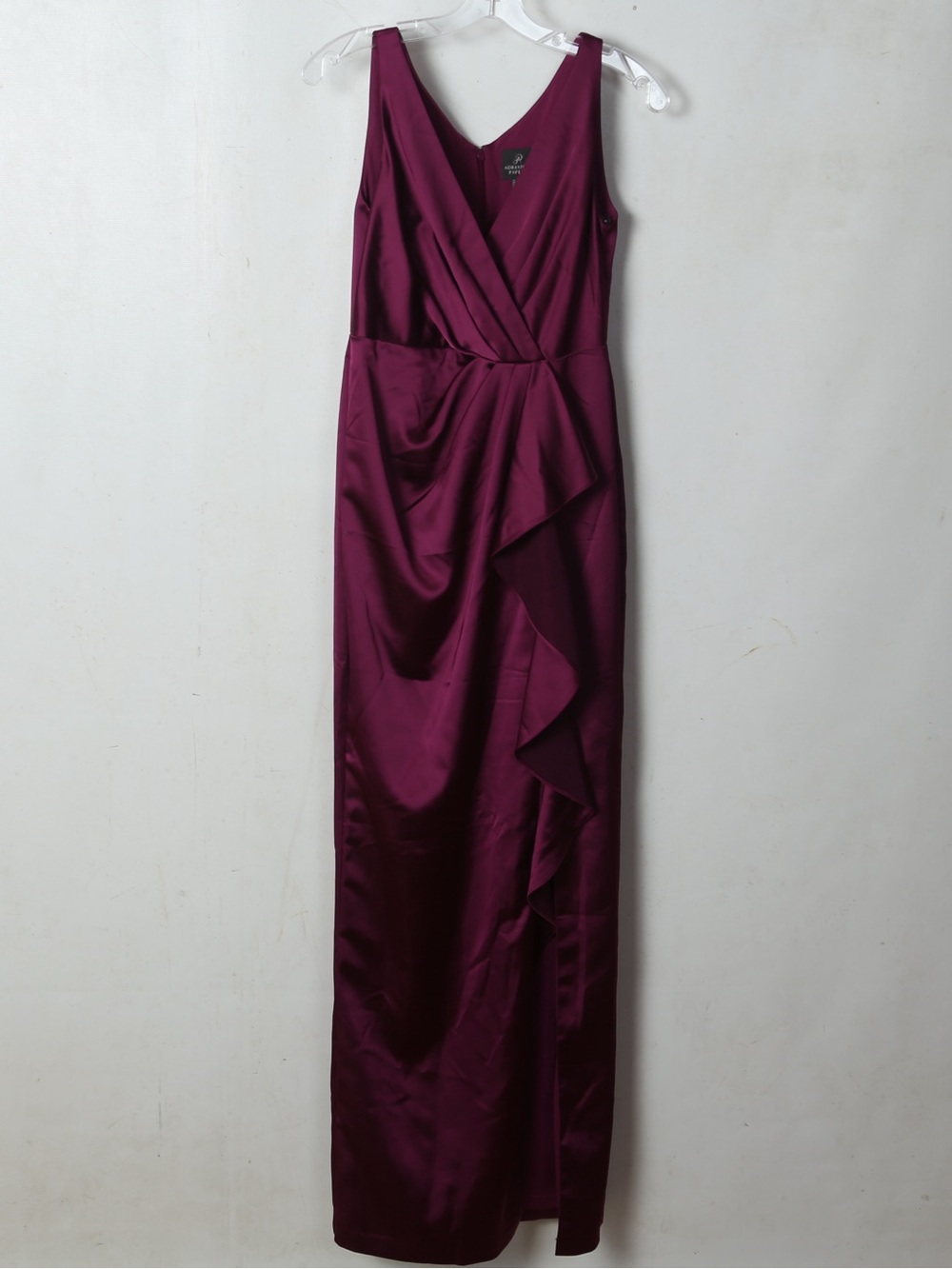 Adrianna Papell Plum Satin V-Neck Maxi Dress with Cascade Ruffle